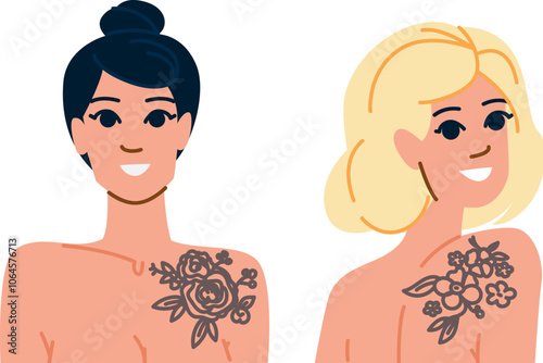 feminine flower tattoo woman vector. beauty blossom, petal colorful, nature elegant feminine flower tattoo woman character. people flat cartoon illustration