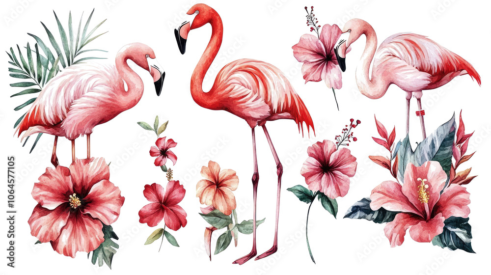 Obraz premium Tropical Watercolor Illustrations of Flamingos and Hibiscus Flowers Generative AI