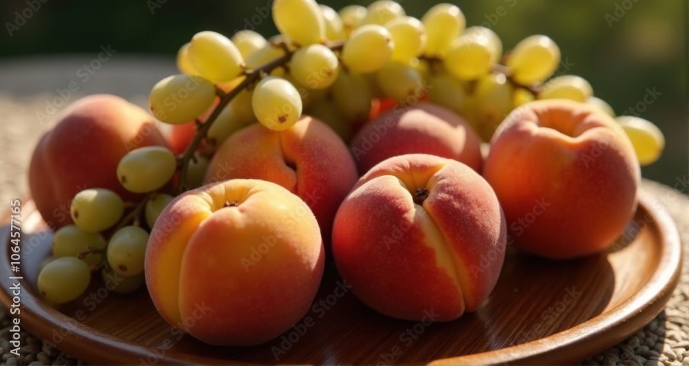 Fresh peaches and grapes on a platter Fresh peaches and grapes on a platter