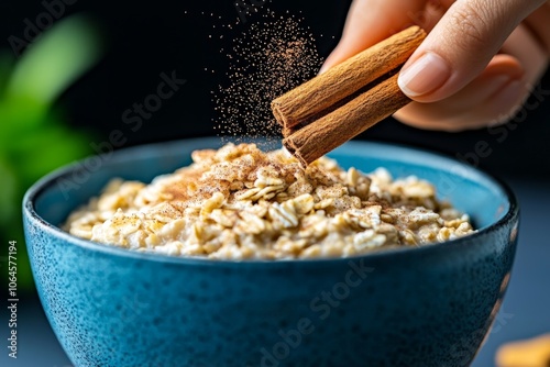 Person adding a sprinkle of cinnamon to oatmeal, showing its fat-burning spice benefits