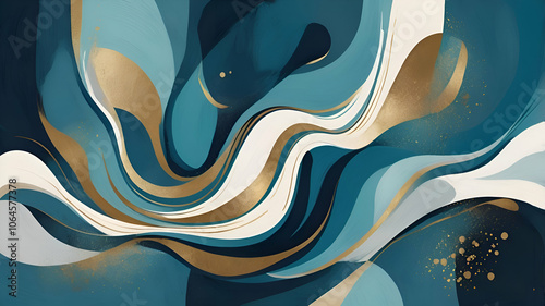 This abstract design has overlapping blue, white, and gold waves  on a deep blues background with gold splatters. Its modern look is ideal for wall art, digital media, branding, decor, stylish pacigin photo