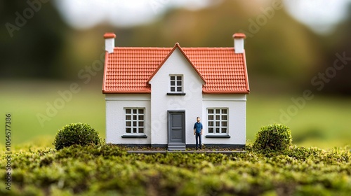Wallpaper Mural A miniature model of a house with a person standing nearby, set against a blurred natural background, evoking themes of home and tranquility. Torontodigital.ca