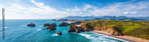 Rocky peninsula stretching into the sea, with turbulent waves crashing below, capturing the power and untouched beauty of rugged coastlines