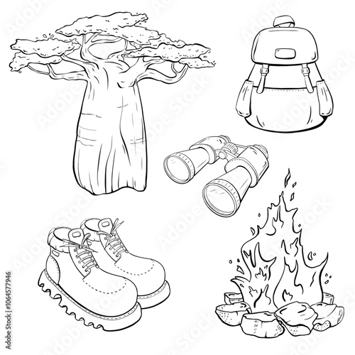 Outdoor Adventure Essentials Gear Up and Explore the Beautiful Natural World Around You. Vector sketch illustration. Tourism