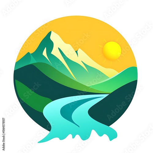 Sunrise Over Mountains with Flowing River Eco Logo Design Illustration photo