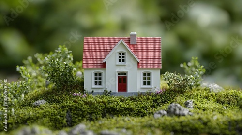 A charming miniature house sits surrounded by lush greenery, symbolizing home, nature, and tranquility in a serene setting.