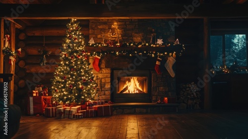 A glowing Christmas tree beside a roaring fireplace in a cozy log cabin.