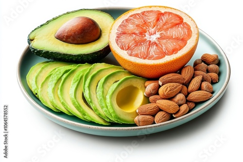 Simple drawing of a plate with sliced avocado, grapefruit, and nuts on a white background, representing balanced fat-burning foods