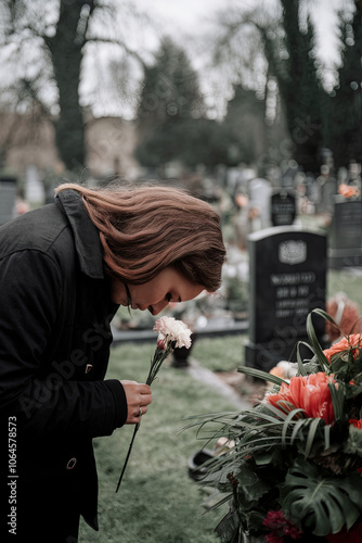 Portrait of a grieving person holding a flower at a gravesite