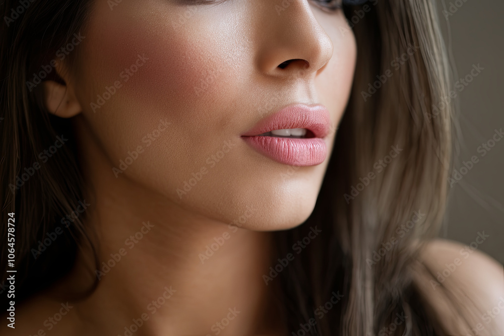 Side profile of a woman with Botox-enhanced lips in soft lighting Side profile of a woman with Botox-enhanced lips in soft lighting
