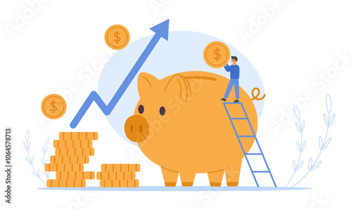 Man climbs stairs to place coin in large piggy bank. Financial savings growth