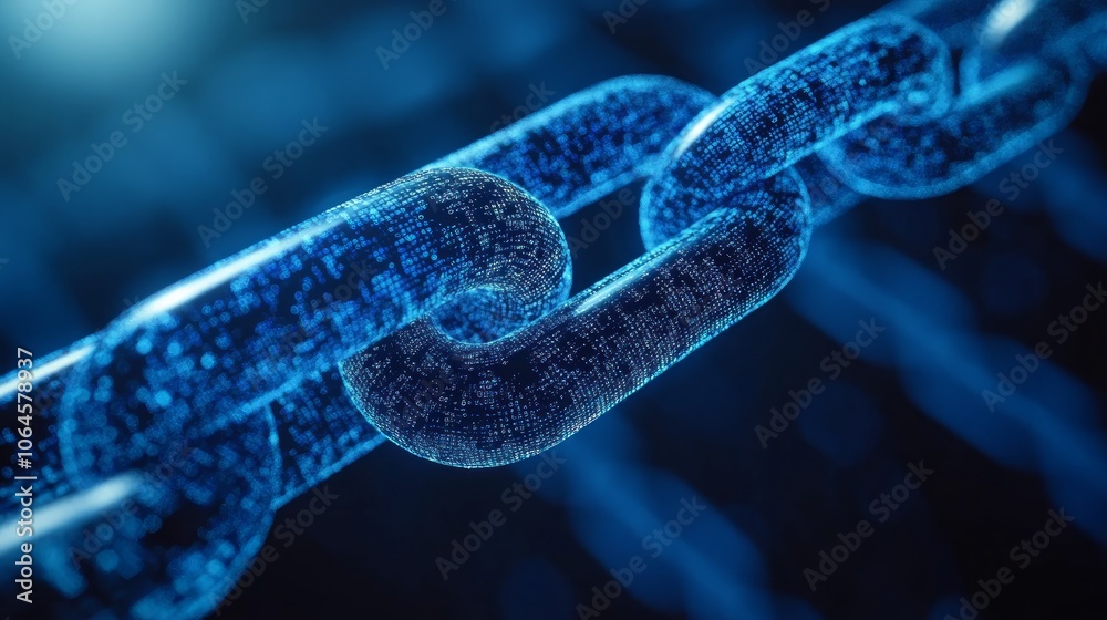 A close-up of a digital chain link made of blue particles, representing data connection. A close-up of a digital chain link made of blue particles, representing data connection.