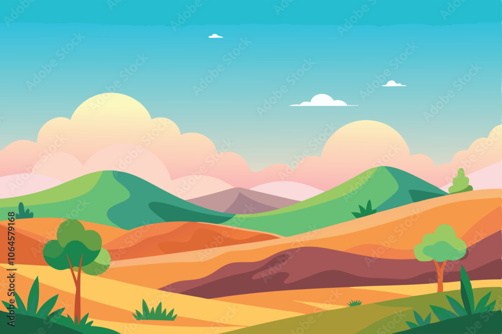 Fototapeta premium Vector illustration in flat simple style with copy space for text, summer landscape with natural scene, gradient hills, abstract background or wallpaper for banner, greeting card, wallpaper 