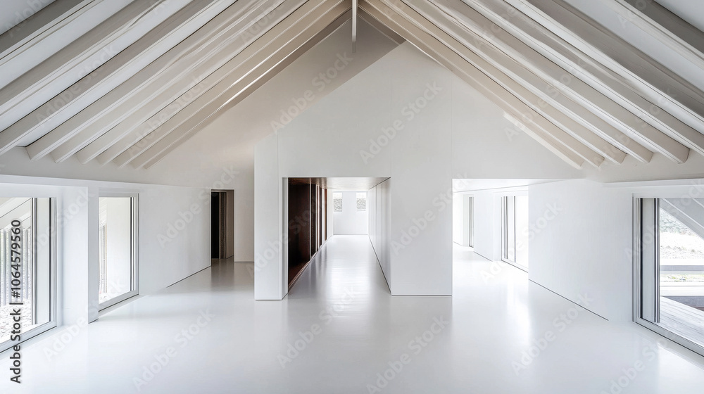 Fototapeta premium Spacious modern interior with high ceilings and minimalist design in a contemporary building