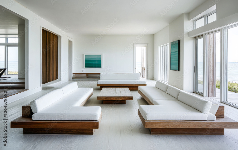 Fototapeta premium Modern minimalist living room design with expansive windows and ocean view