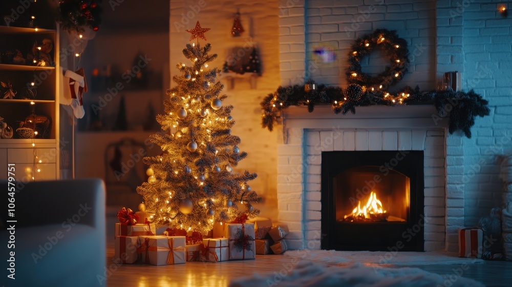 Charming countryside living room with a glowing tree next to a white brick fireplace.
