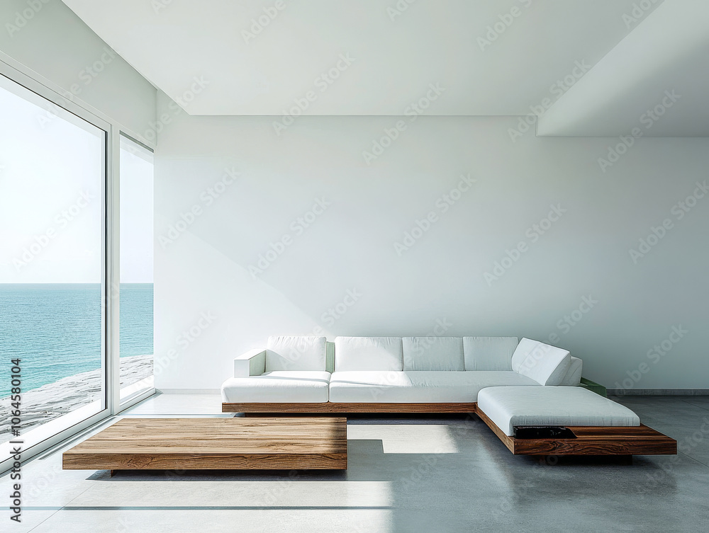 Modern coastal living room with white sofa and ocean view during bright daylight Modern coastal living room with white sofa and ocean view during bright daylight