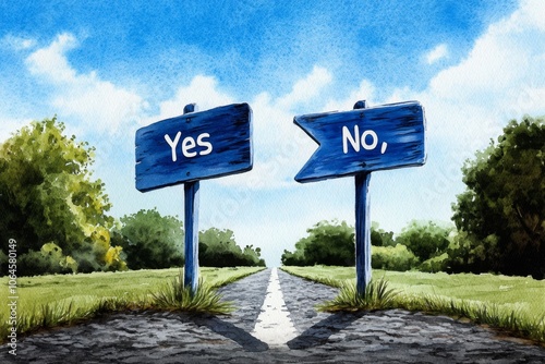 Watercolor painting of two paths diverging with simple signposts, one labeled â€œYesâ€ and the other â€œNo,â€ capturing a soft, artistic take on decision simplicity photo