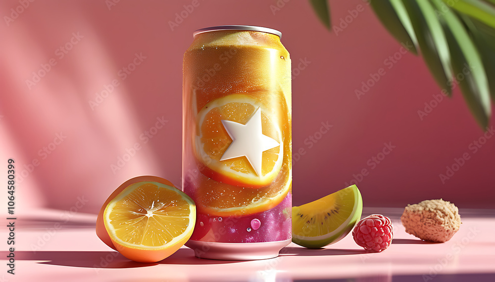Refreshing energy drink can with citrus fruits and vibrant colors Refreshing energy drink can with citrus fruits and vibrant colors