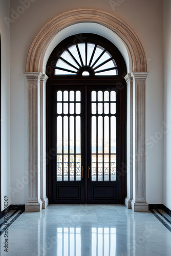 Elegant double doors with arched top in a spacious hallway during daylight hours photo