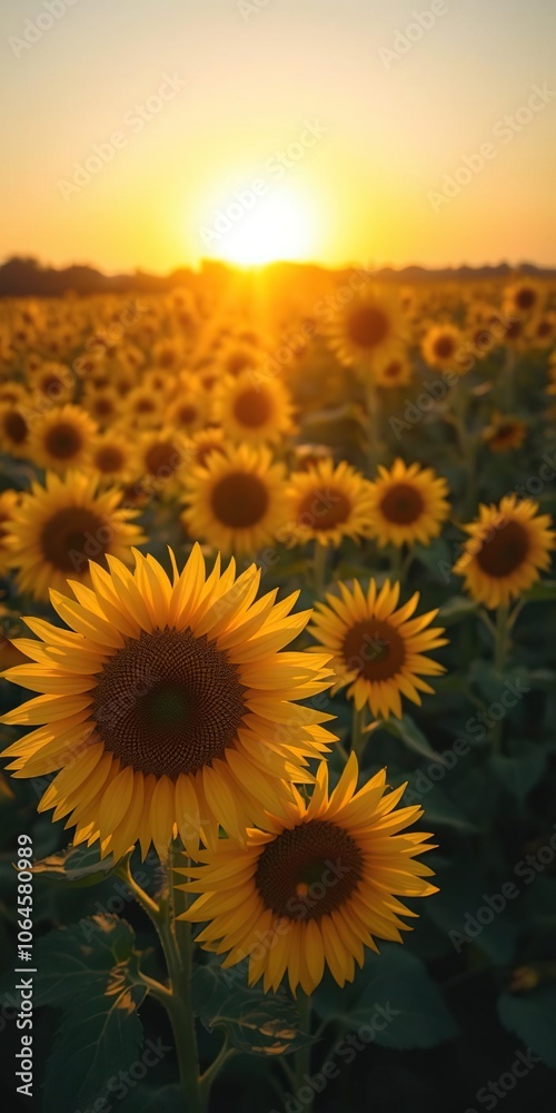 Fototapeta premium Field of vibrant sunflowers bathed in golden rays of setting sun, creating a picturesque scene of natural beauty and tranquility, dusk, picturesque, sunset