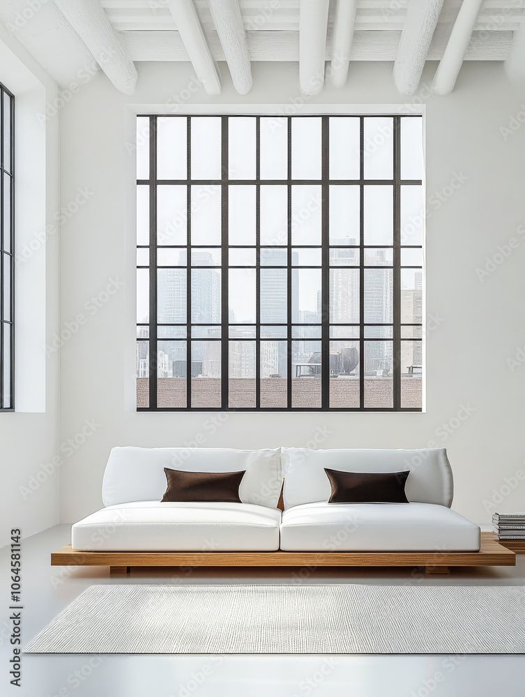Fototapeta premium Modern living room with large windows and minimalist sofa in a stylish urban apartment