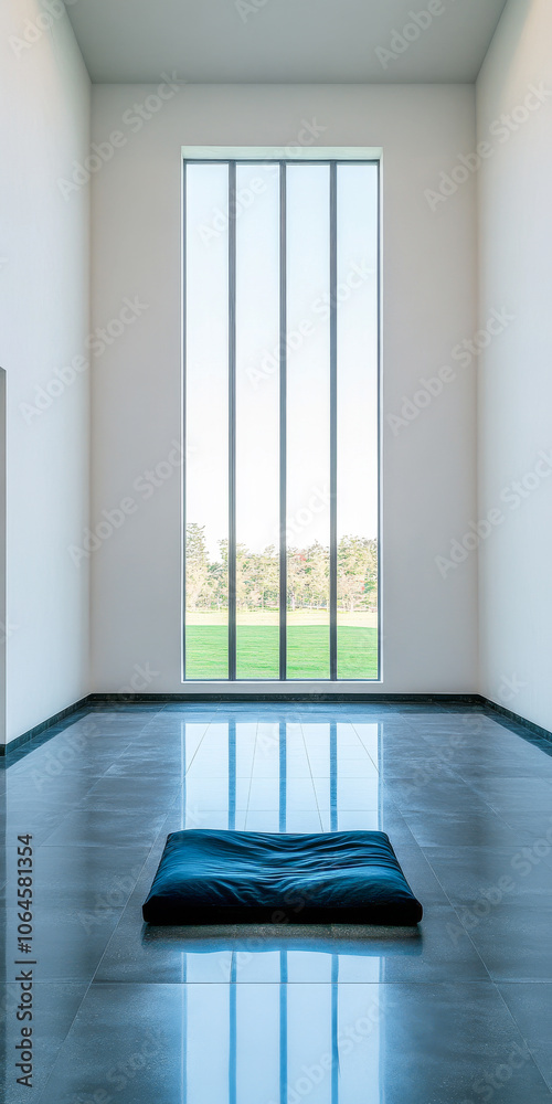 Fototapeta premium A minimalist interior with a single cushion and large windows showcasing a peaceful landscape