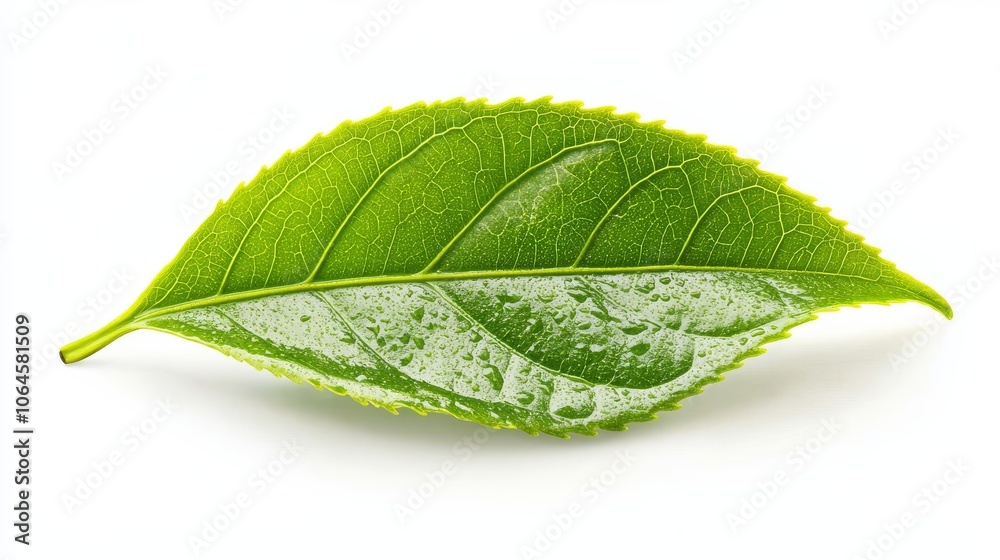 Obraz premium Fresh Glossy Green Tea Leaf on White Background