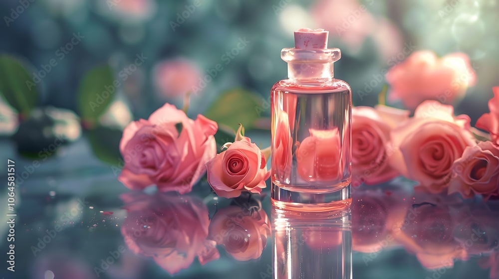 Gorgeous scent vial with blossom of roses as the background