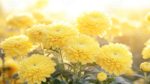 A field of vibrant yellow chrysanthemums bathed in warm sunlight.