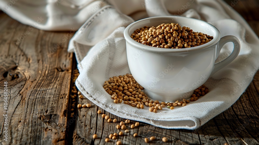Grains in a starbucks tea cup on an antique tabletop Grains in a starbucks tea cup on an antique tabletop