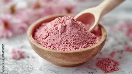 Close up of red bentonite clay powder in wooden bowl natural beauty treatment and spa concept photo