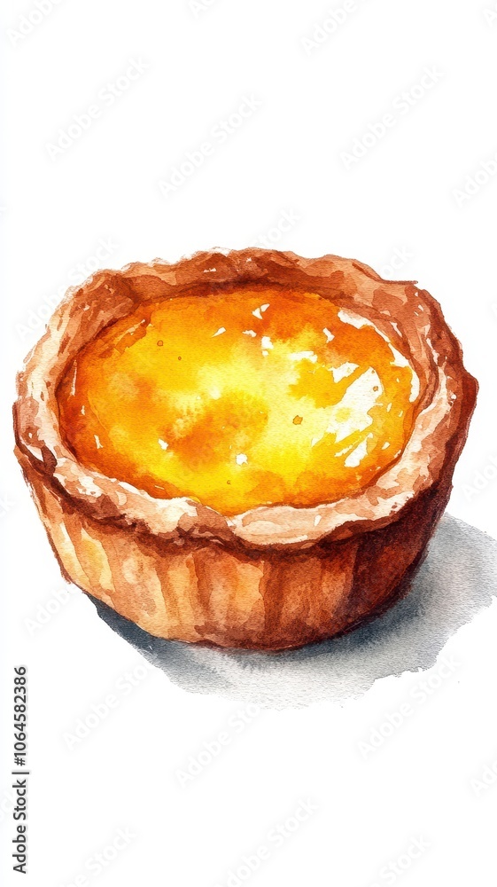 Portuguese Custard Tart on white background,delicious egg tart (Pastel de Nata),Watercolor style illustration,Pastry Hand Drawn watercolor Idea for menu posters, postcards, cooking books. Portuguese Custard Tart on white background,delicious egg tart (Pastel de Nata),Watercolor style illustration,Pastry Hand Drawn watercolor Idea for menu posters, postcards, cooking books.