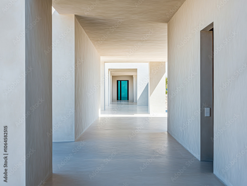 Fototapeta premium Modern architectural hallway showcasing minimalist design and natural light in daylight setting