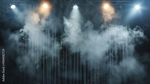 Theater spot lights on black curtain with smoke