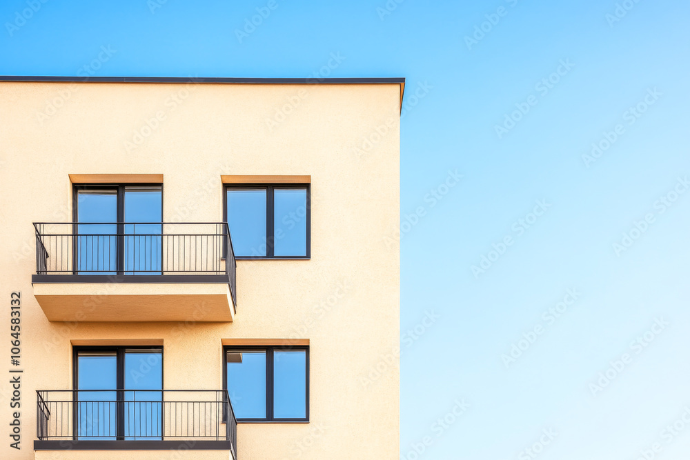 Modern residential building with balconies against a clear blue sky during daytime Modern residential building with balconies against a clear blue sky during daytime