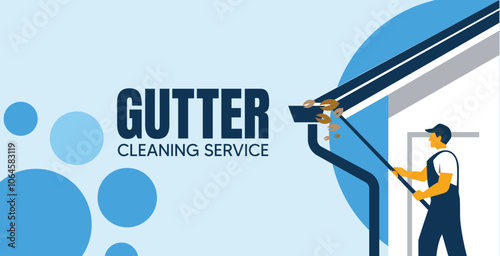 Illustration of a professional cleaning gutters on a house. Essential service for home maintenance, ensuring efficient water drainage and protection from potential damage.