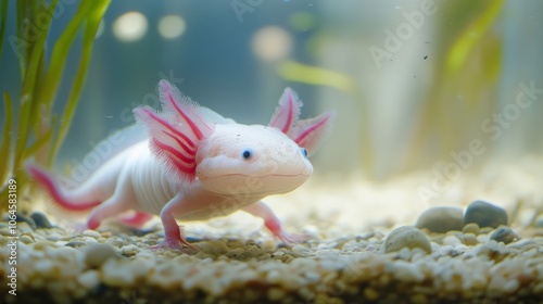 A close-up of an axolotl, a pink and white amphibian with feathery gills, swimming in a clear aquarium with gravel and plants.
