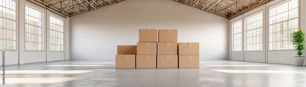 Warehouse with an inventory tracking system in place, stacked boxes arranged systematically, high ceiling, wide-angle view, soft natural light from windows Warehouse with an inventory tracking system in place, stacked boxes arranged systematically, high ceiling, wide-angle view, soft natural light from windows