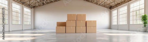 Warehouse with an inventory tracking system in place, stacked boxes arranged systematically, high ceiling, wide-angle view, soft natural light from windows