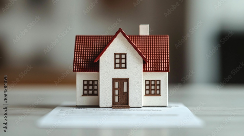 A small model house with a red roof, placed on a light surface, representing home, architecture, and real estate. A small model house with a red roof, placed on a light surface, representing home, architecture, and real estate.