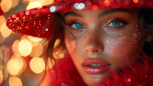 Fashion woman portrait in red hat, creative glittery makeup, bright orange colors background