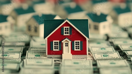 A miniature red house stands prominently on a bed of dollar bills, symbolizing real estate investment and financial growth in the housing market.