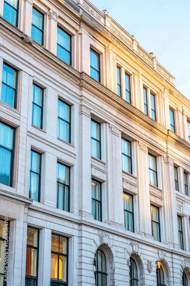 Elegant historic building exterior with large windows reflecting sunlight in an urban setting Elegant historic building exterior with large windows reflecting sunlight in an urban setting