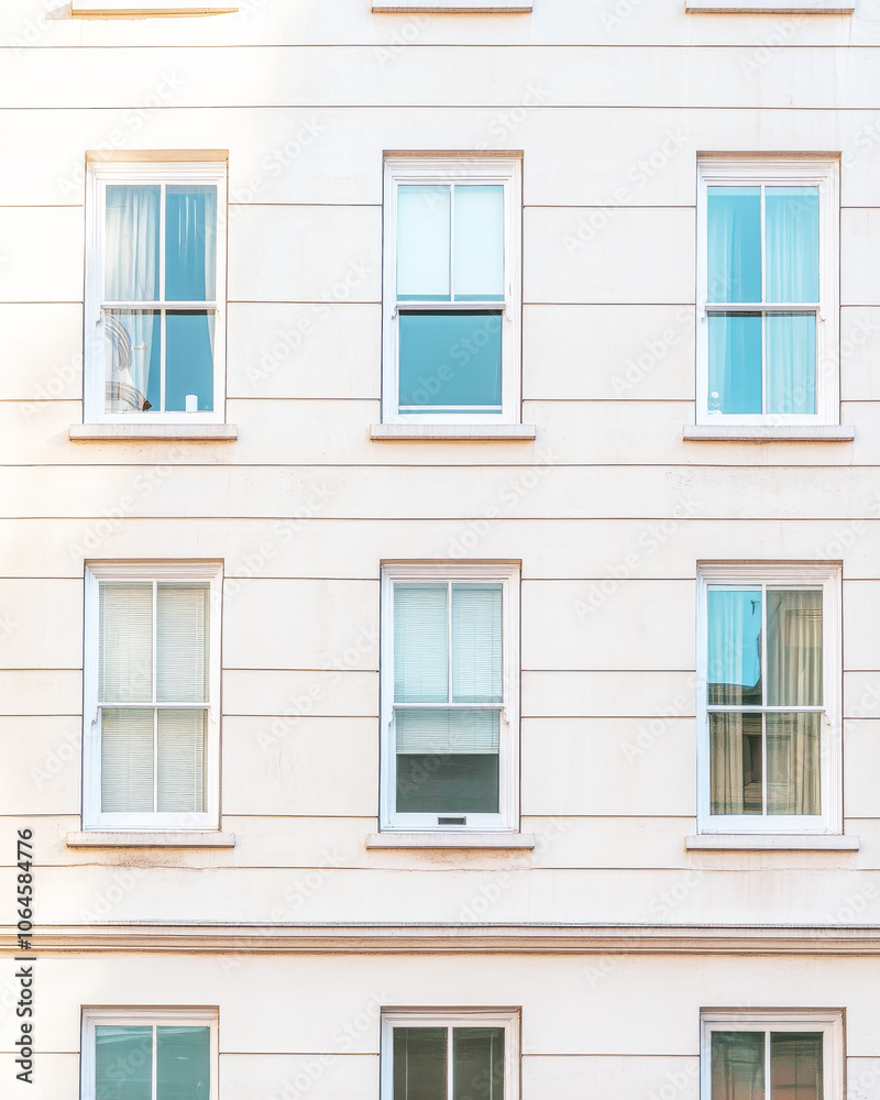 Fototapeta premium Modern building facade with multiple windows reflecting sunlight in an urban setting
