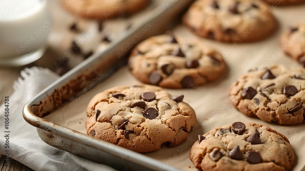 Handcrafted cookies with chocolate chips and milk on a baking sheet Handcrafted cookies with chocolate chips and milk on a baking sheet