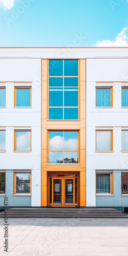 Modern building with vibrant orange accents under a clear blue sky in an urban setting