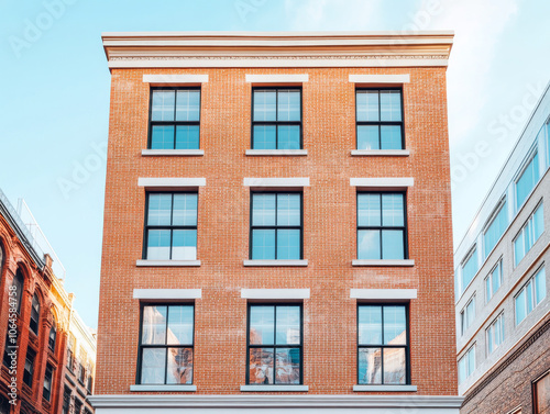 Modern brick building with large windows in an urban setting under a clear blue sky