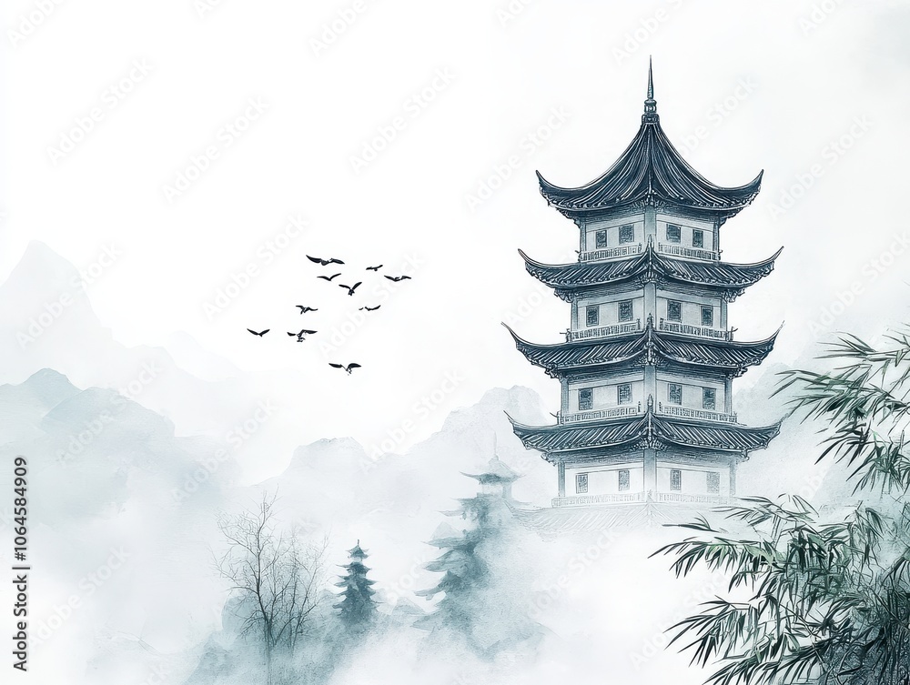 Obraz premium Tranquil Pagoda in Misty Mountains.