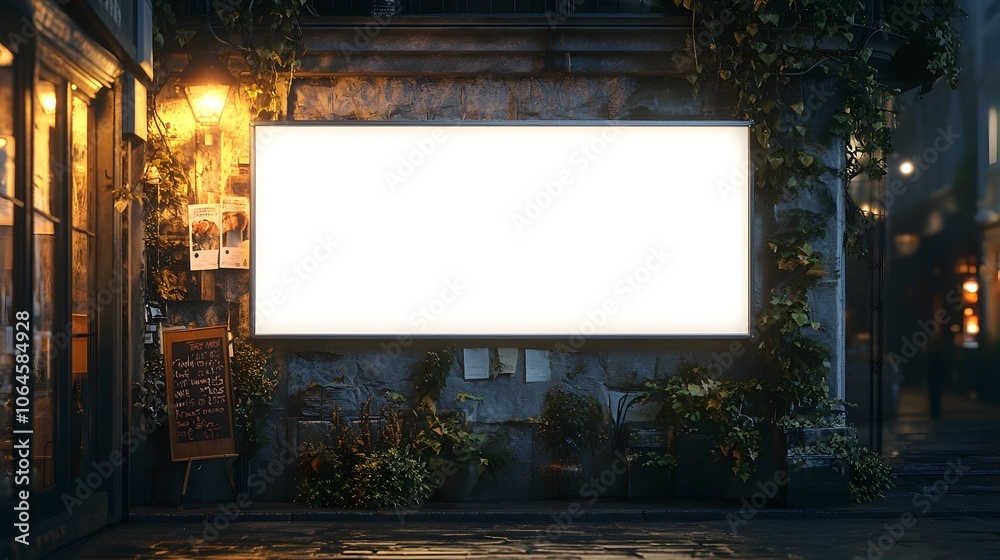 Blank White Outdoor Sign at Night with Copy Space for Storefront or Restaurant